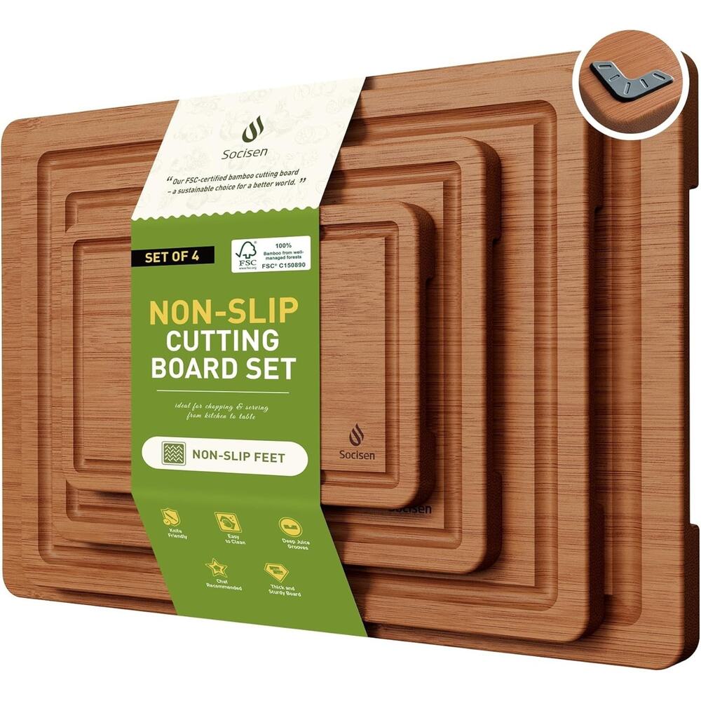 Bamboo Cutting Board Set Non Slip Feet Over Sink Father Day 4-Piece, Brown
